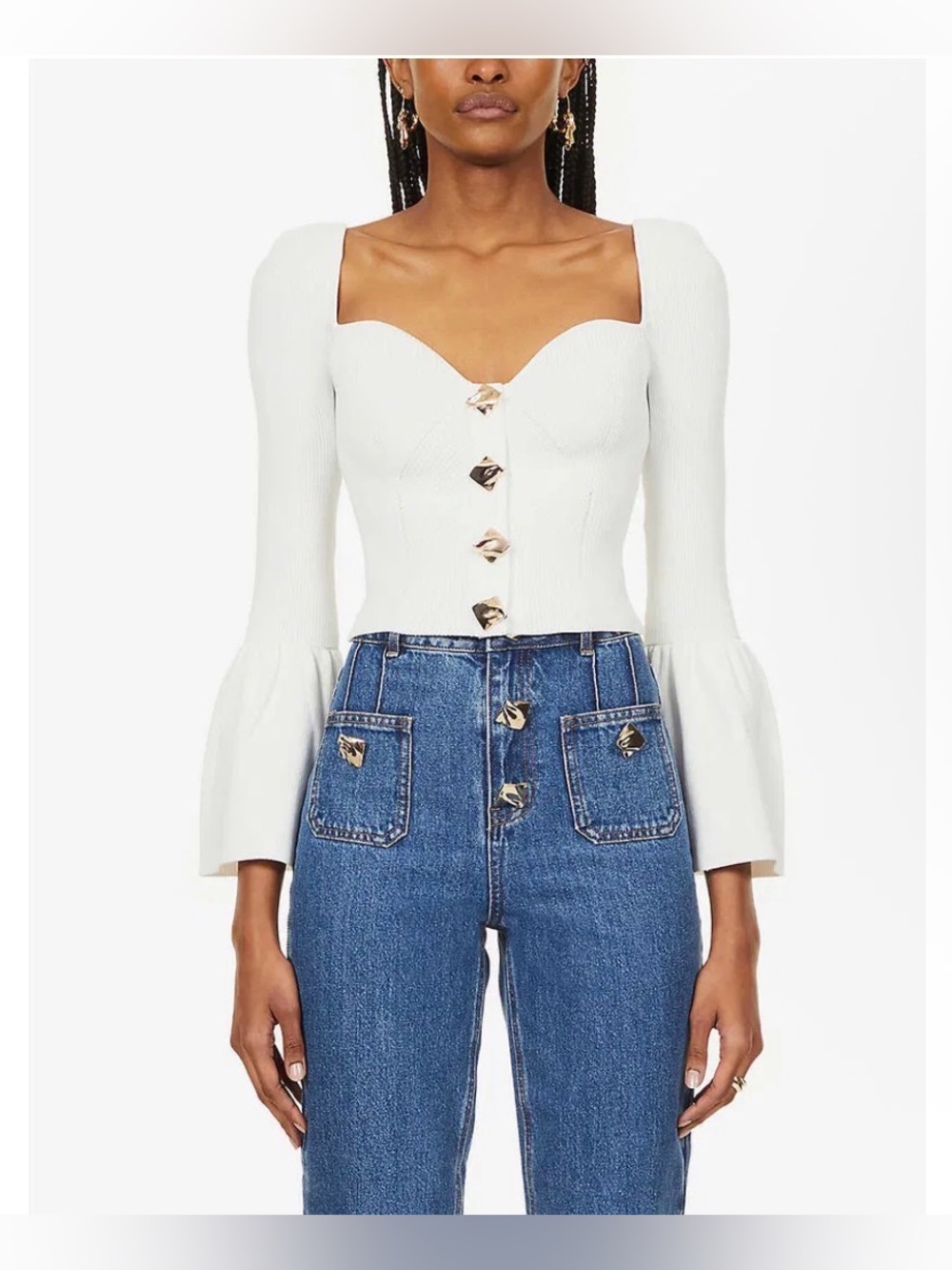SELF-PORTRAIT Button-Embellished Ribbed Knitted Top size Large